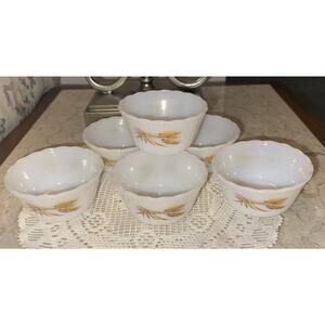 Vintage FIRE KING 424 Milk Glass Wheat 6oz Dessert Custard Bowl Ramekins SET 6